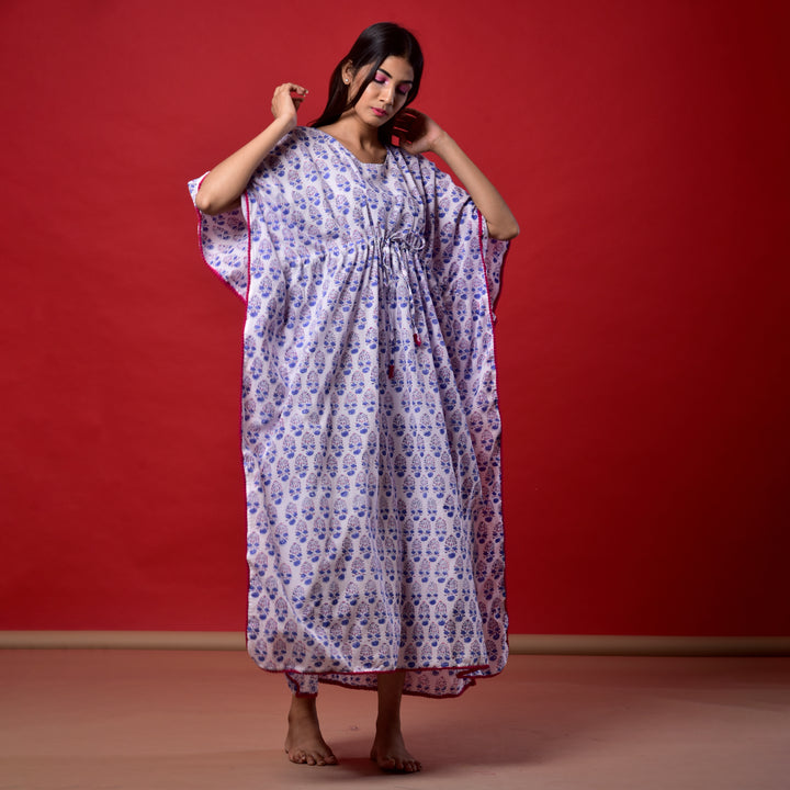 White Booti Hand Block Print Pom Pom Kaftan