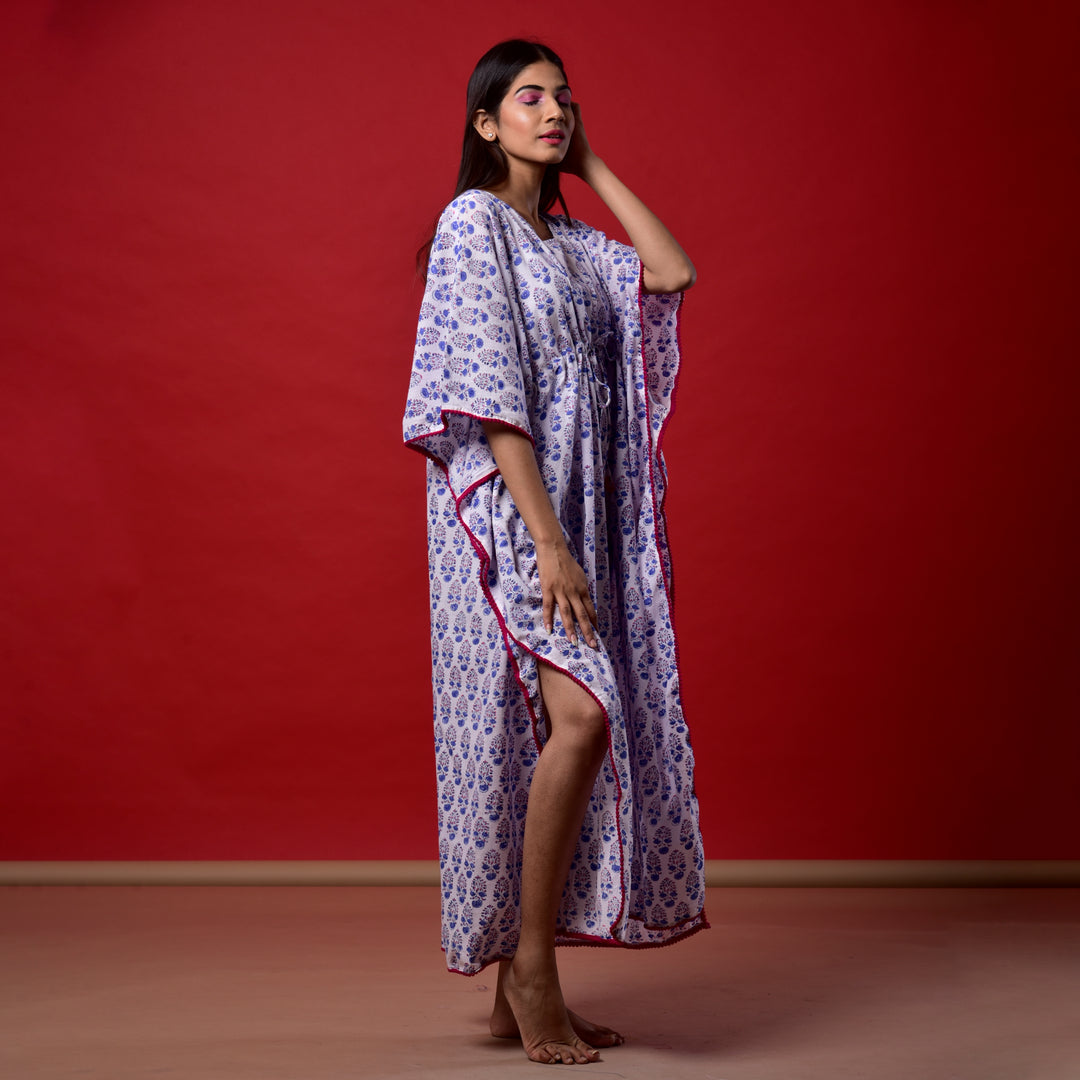 White Booti Hand Block Print Pom Pom Kaftan