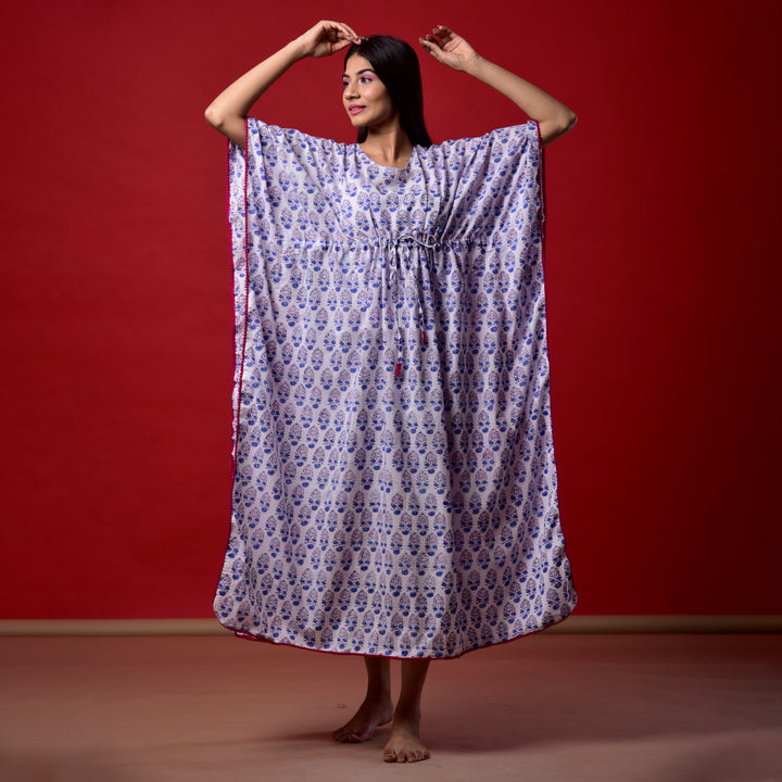 White Booti Hand Block Print Pom Pom Kaftan