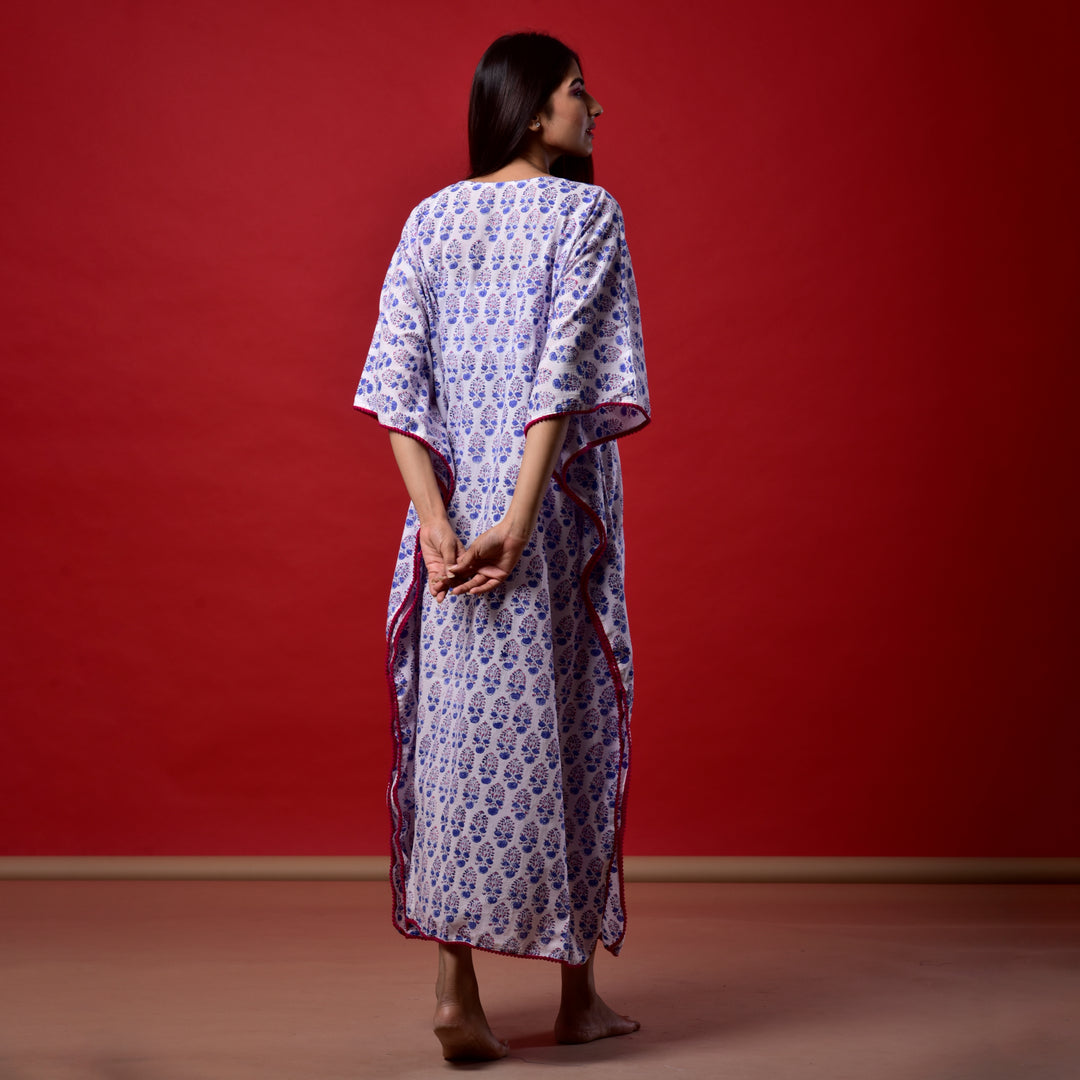 White Booti Hand Block Print Pom Pom Kaftan