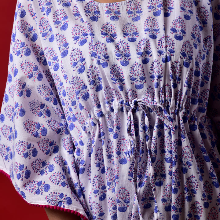 White Booti Hand Block Print Pom Pom Kaftan