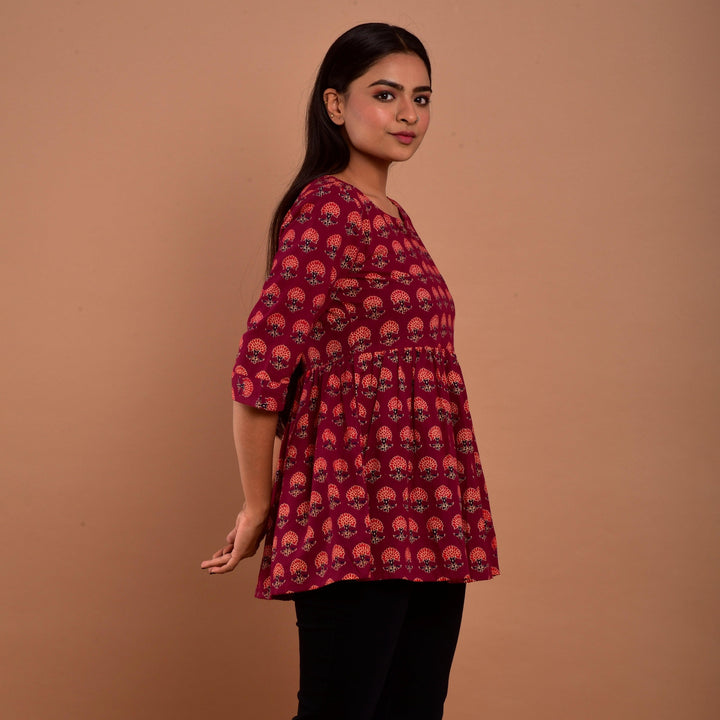 Maroon Booti Hand Block Print Top