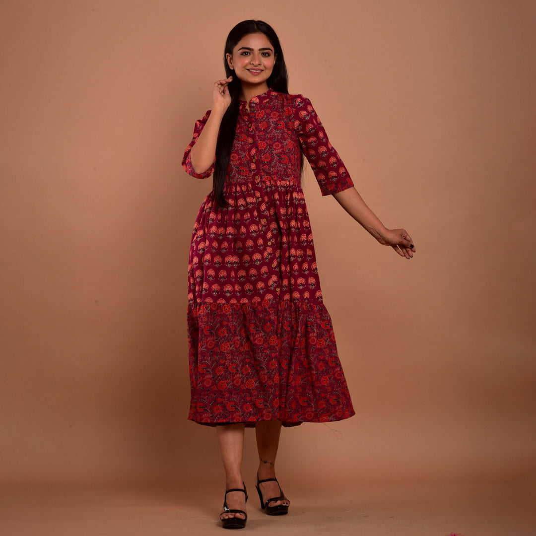 Maroon Hand Block Print 4in1 Dress
