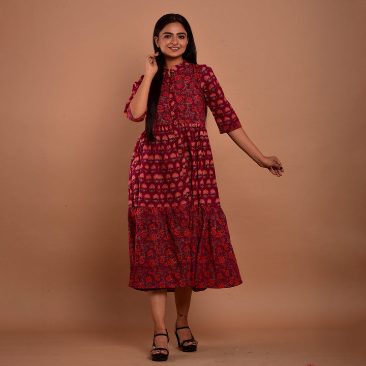 Maroon Hand Block Print 4in1 Dress