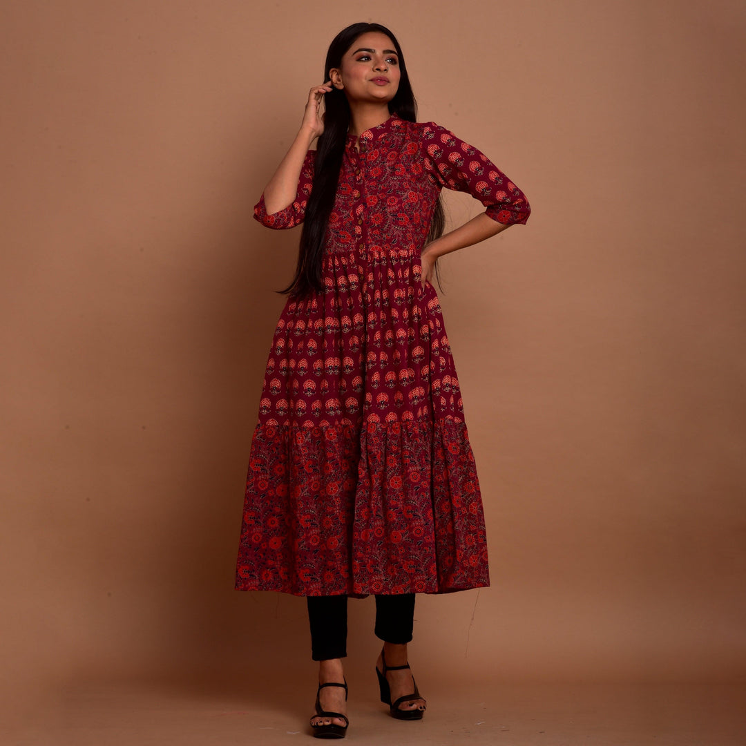 Maroon Hand Block Print 4in1 Dress