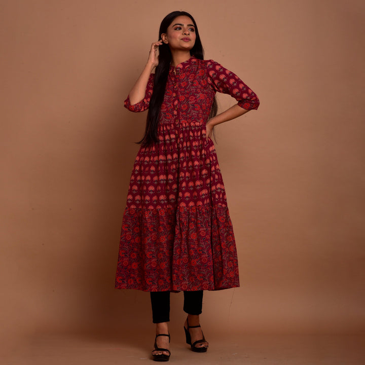 Maroon Hand Block Print 4in1 Dress
