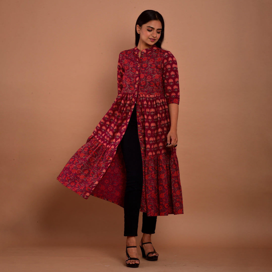 Maroon Hand Block Print 4in1 Dress