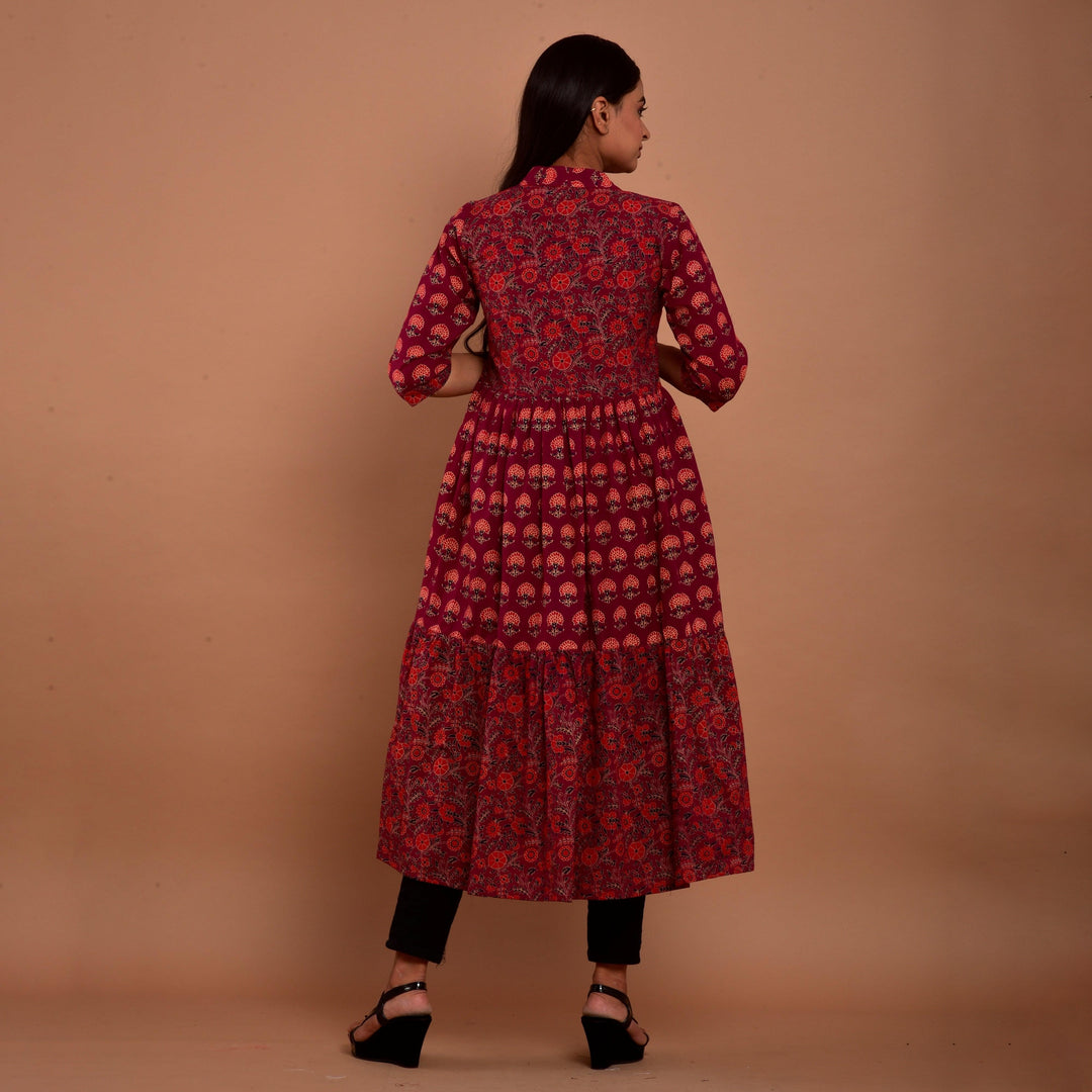 Maroon Hand Block Print 4in1 Dress