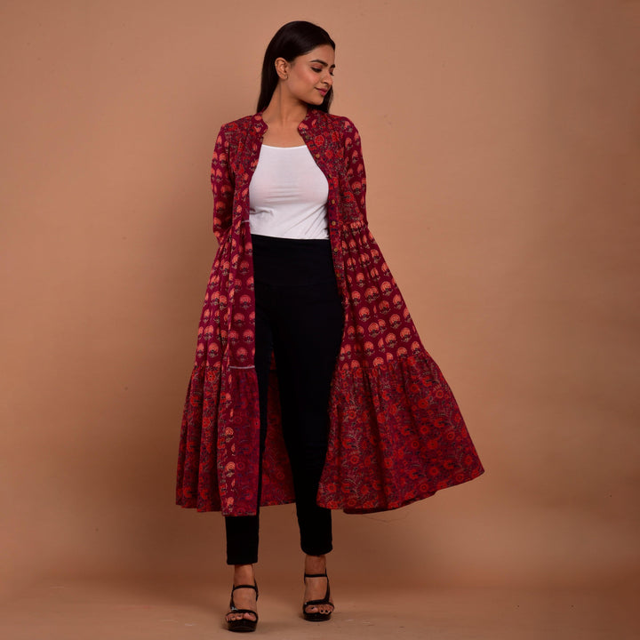 Maroon Hand Block Print 4in1 Dress