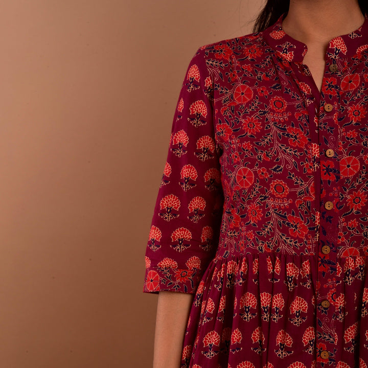 Maroon Hand Block Print 4in1 Dress