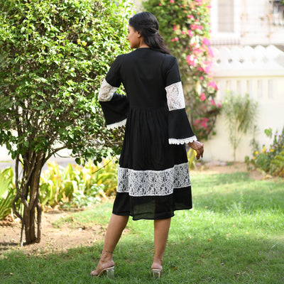 Plus Size - Rayon Black Net Midi Dress with side pockets