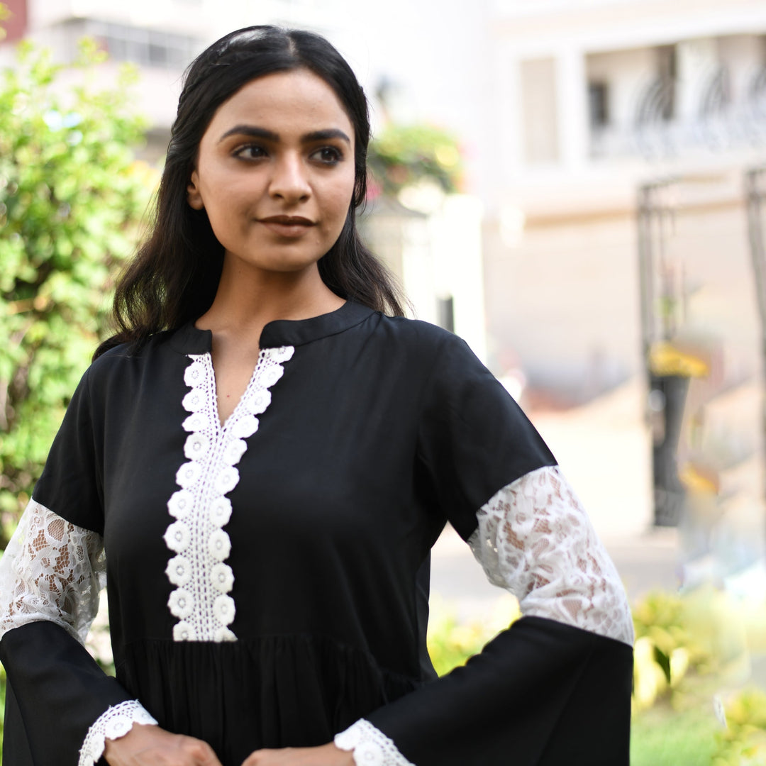 Plus Size - Rayon Black Net Midi Dress with side pockets