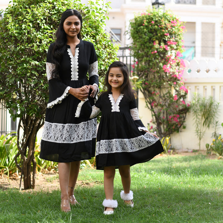 Rayon Black Net Mom and Daughter Dress