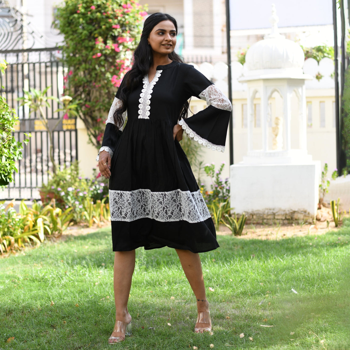 Plus Size - Rayon Black Net Midi Dress with side pockets