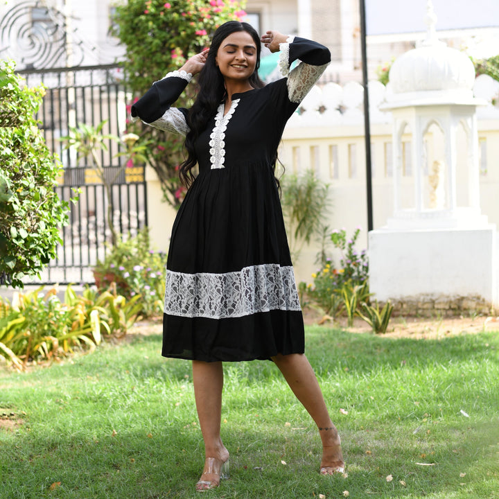 Plus Size - Rayon Black Net Midi Dress with side pockets