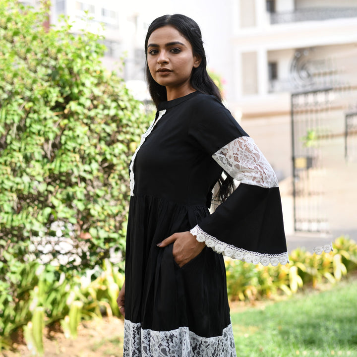 Plus Size - Rayon Black Net Midi Dress with side pockets