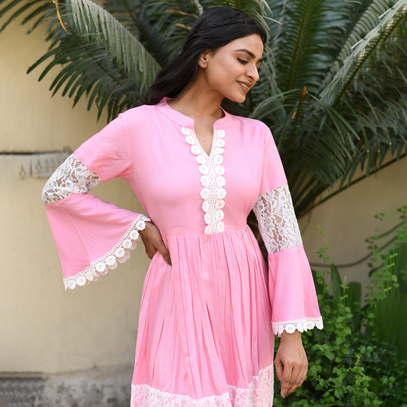 Plus Size - Rayon Pink Net Midi Dress with side pockets
