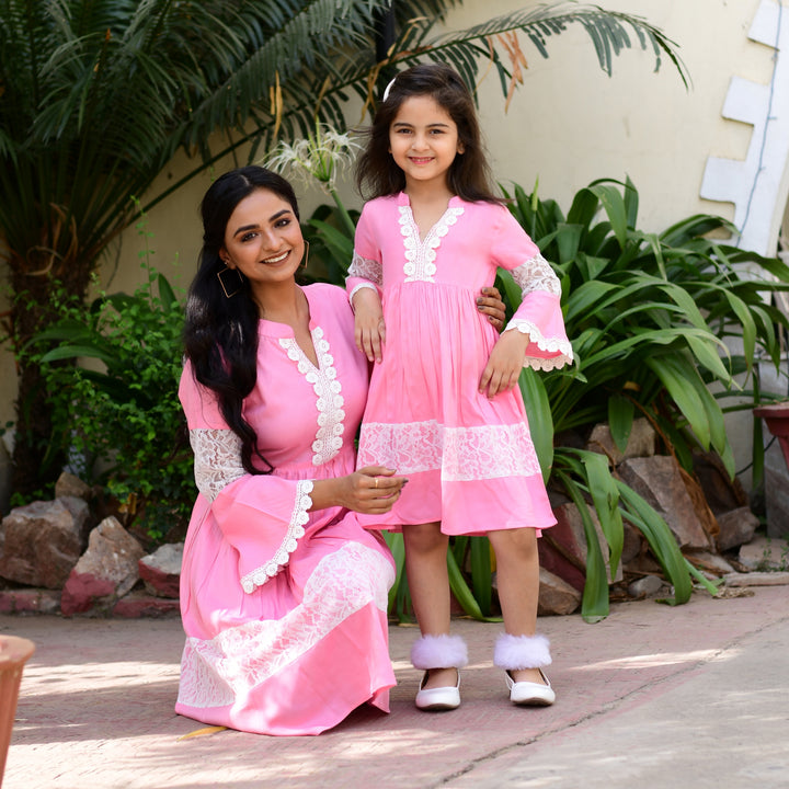 Rayon Pink Net Mom and Daughter Dress