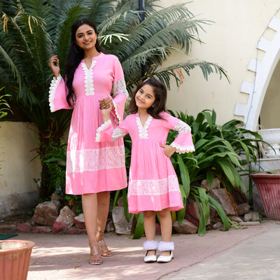 Rayon Pink Net Mom and Daughter Dress