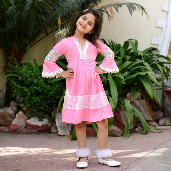 Rayon Pink Net Mom and Daughter Dress