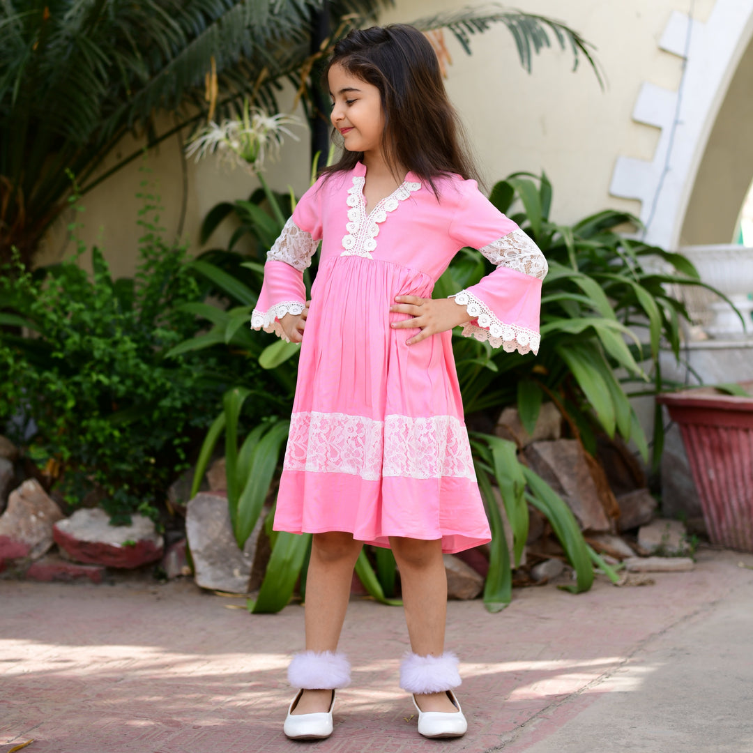 Rayon Pink Net Girl's Dress