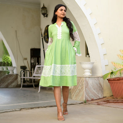 Plus Size - Rayon Mint Green Net Midi Dress with side pockets