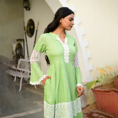 Rayon Mint Green Net Mom and Daughter Dress