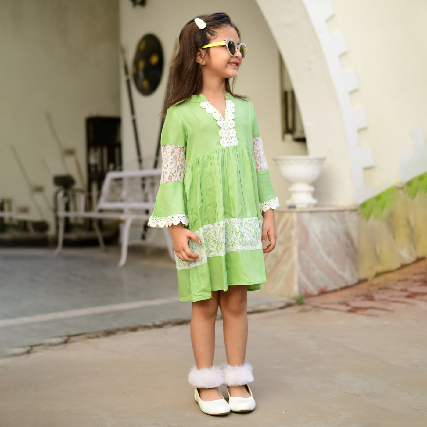 Rayon Mint Green Net Girl's Dress