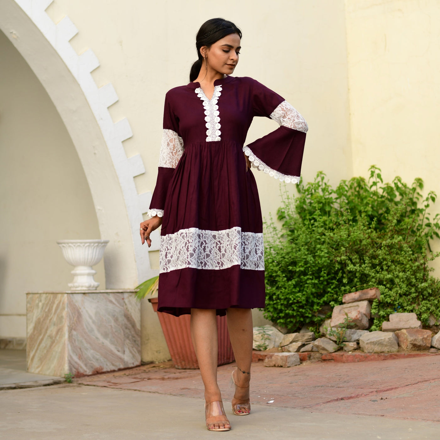 Plus Size - Rayon Wine Net Midi Dress with side pockets