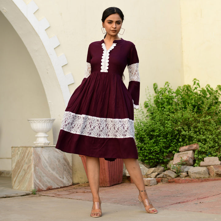 Plus Size - Rayon Wine Net Midi Dress with side pockets