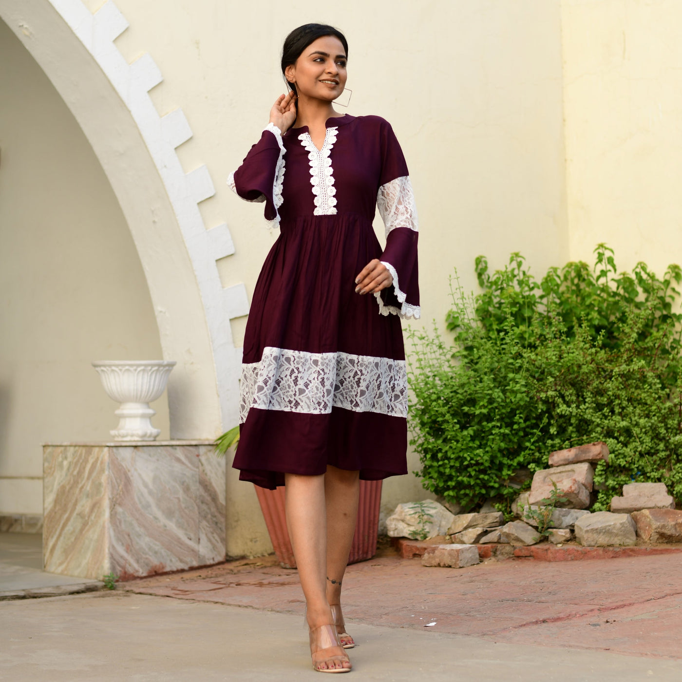 Plus Size - Rayon Wine Net Midi Dress with side pockets