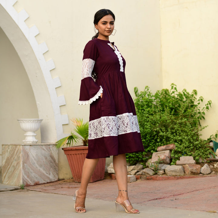 Plus Size - Rayon Wine Net Midi Dress with side pockets