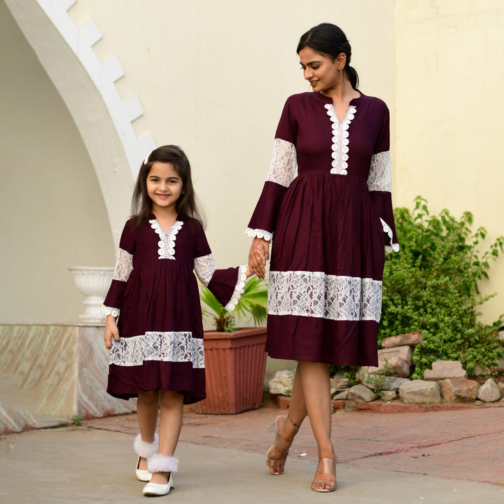 Rayon Wine Color Net Mom and Daughter Dress