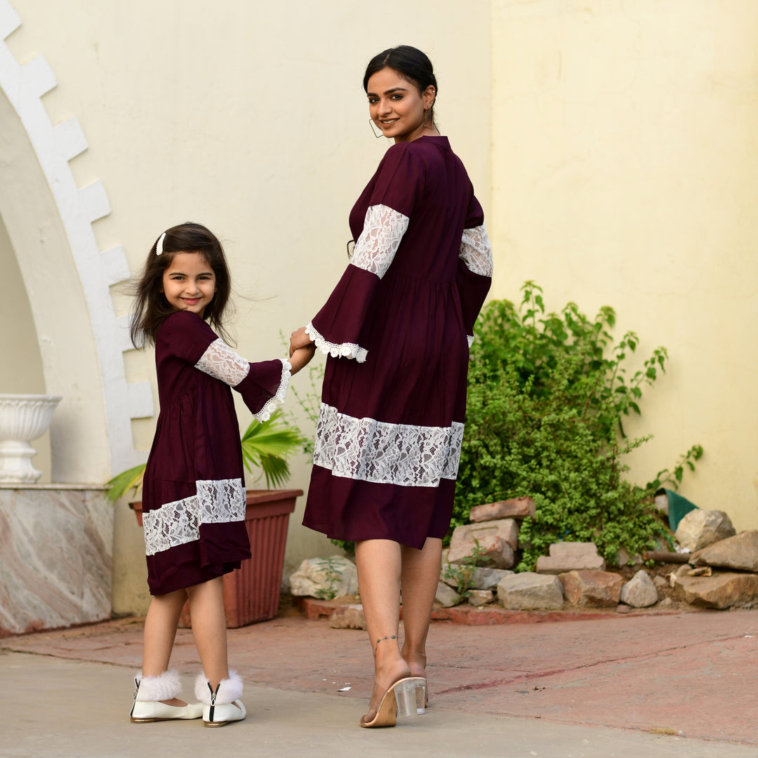Rayon Wine Color Net Mom and Daughter Dress