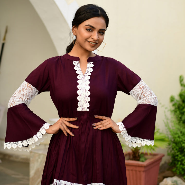 Rayon Wine Color Net Mom and Daughter Dress