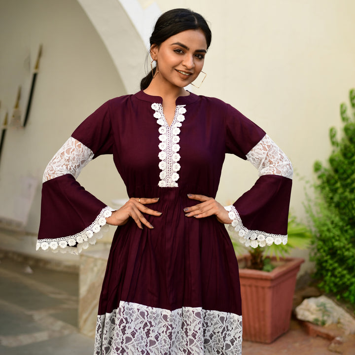 Rayon Wine Net Midi Dress with side pockets