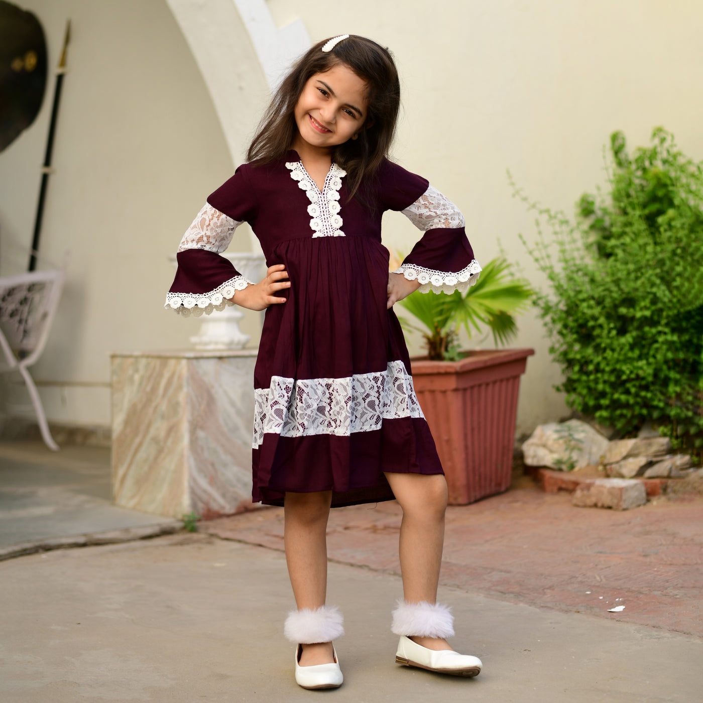 Rayon Wine Color Net Mom and Daughter Dress