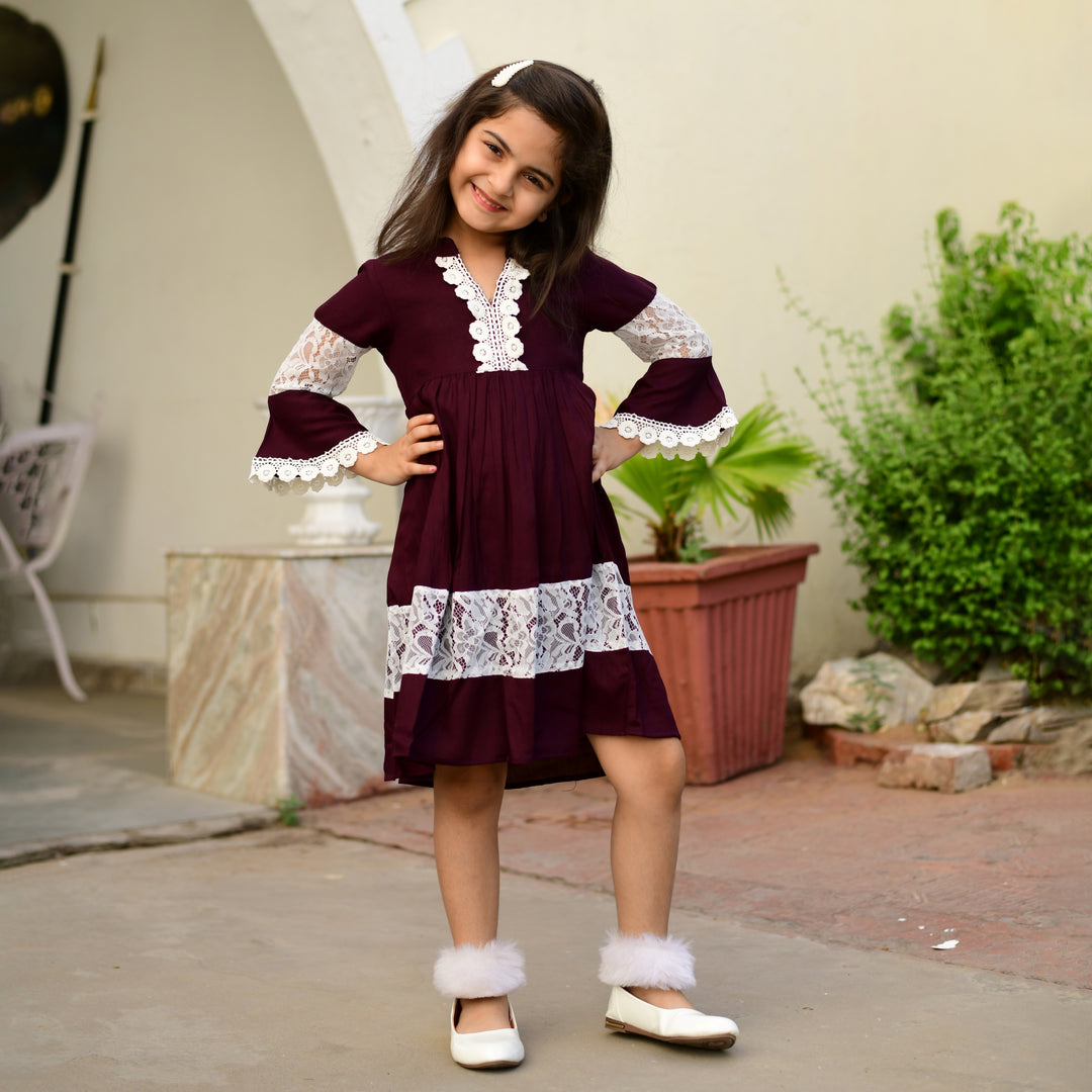 Rayon Wine Color Net Girl's Dress