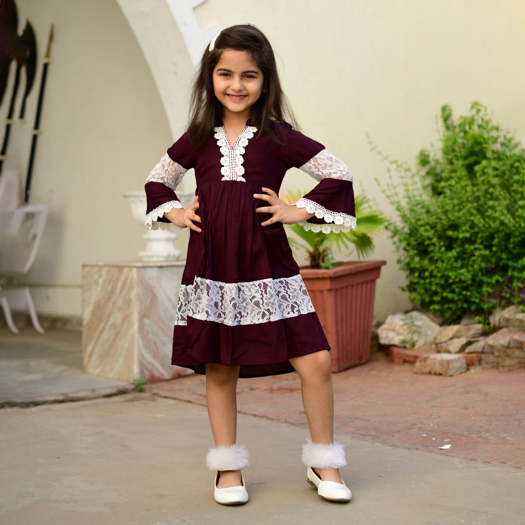 Rayon Wine Color Net Girl's Dress
