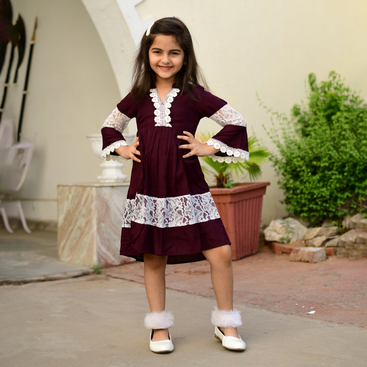 Rayon Wine Color Net Girl's Dress