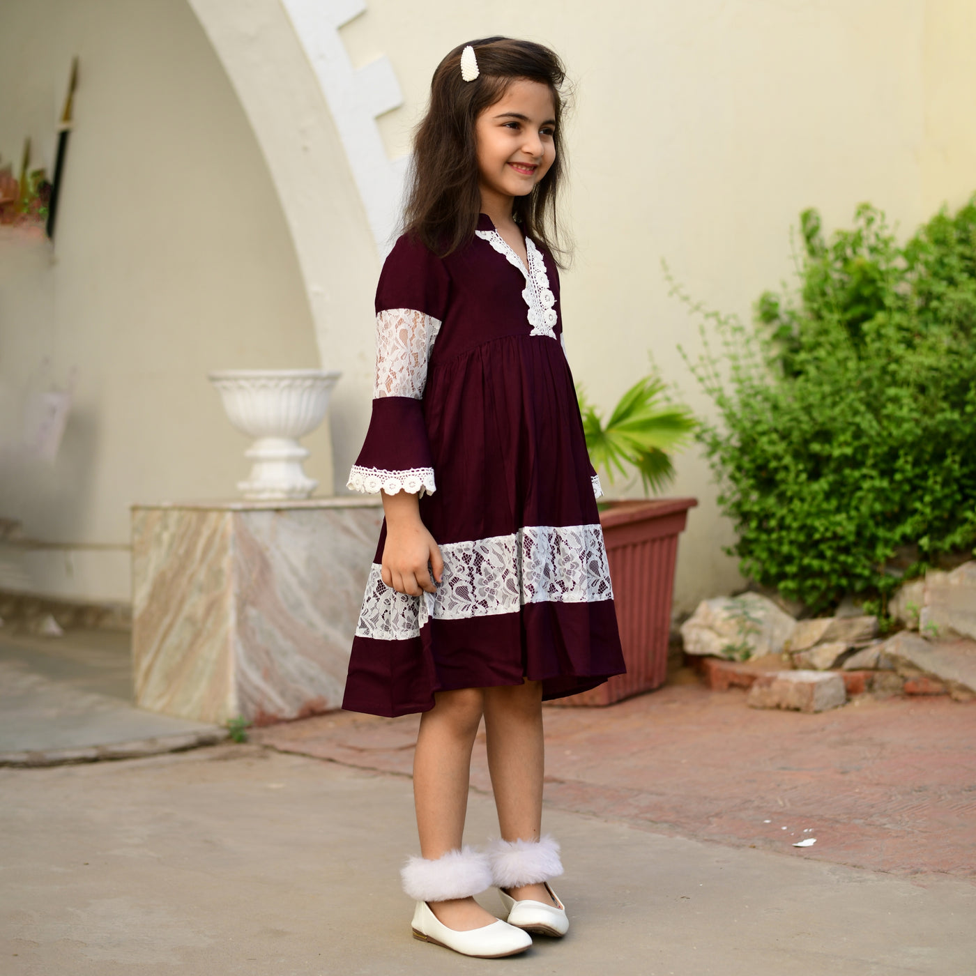 Rayon Wine Color Net Mom and Daughter Dress