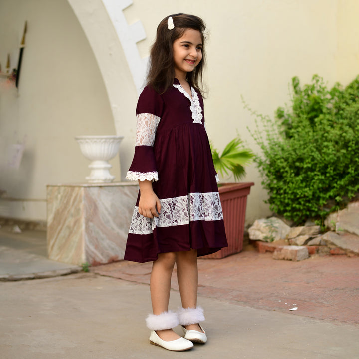 Rayon Wine Color Net Girl's Dress