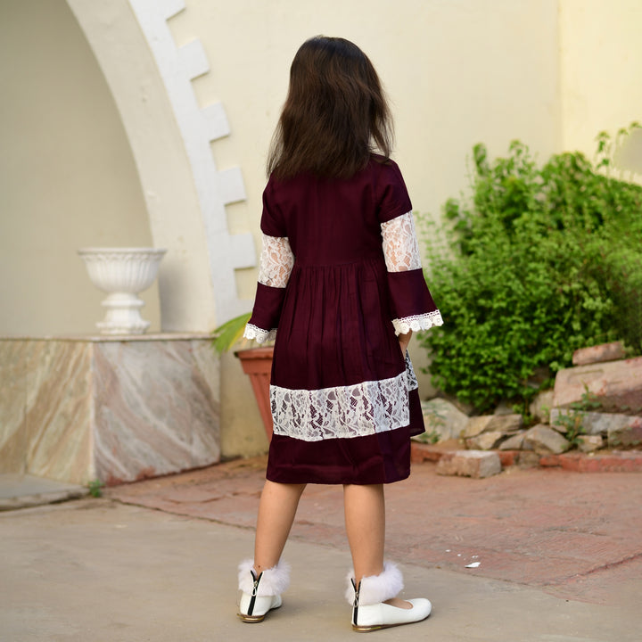 Rayon Wine Color Net Girl's Dress