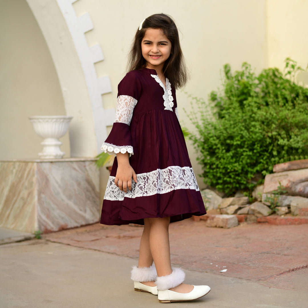 Rayon Wine Color Net Girl's Dress