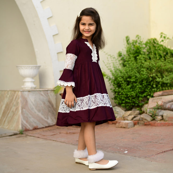 Rayon Wine Color Net Girl's Dress