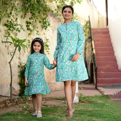 Green Floral Print Button Down Mom and Daughter Dress