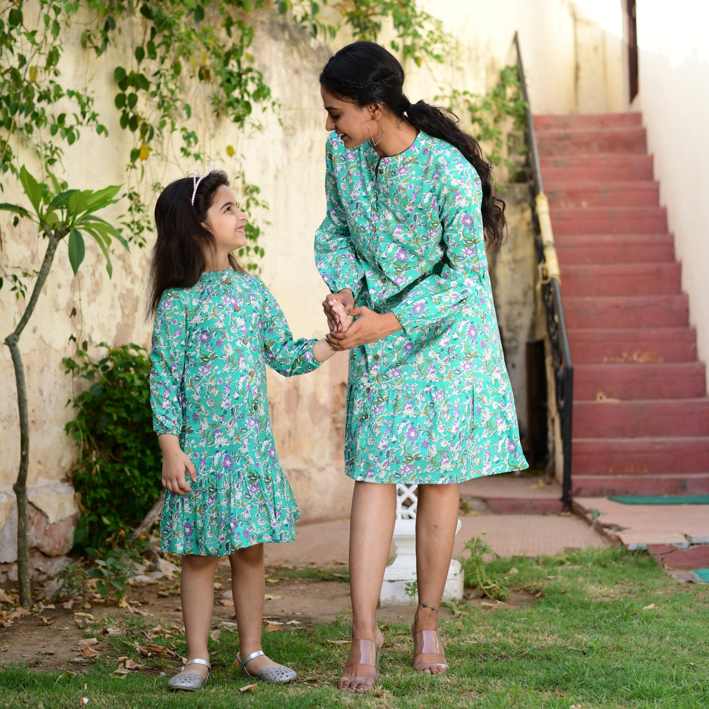 Green Floral Print Button Down Mom and Daughter Dress