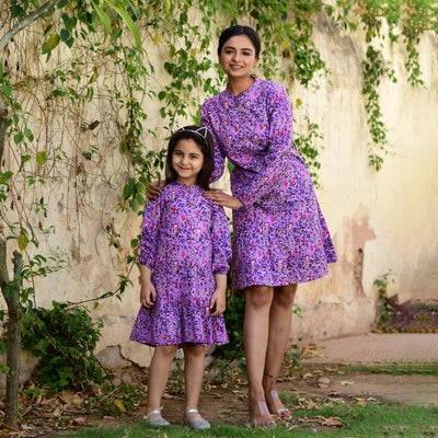 Purple Floral Print Button Down Mom and Daughter Dress