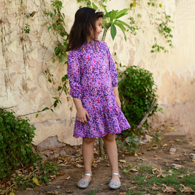 Purple Floral Print Button Down Mom and Daughter Dress