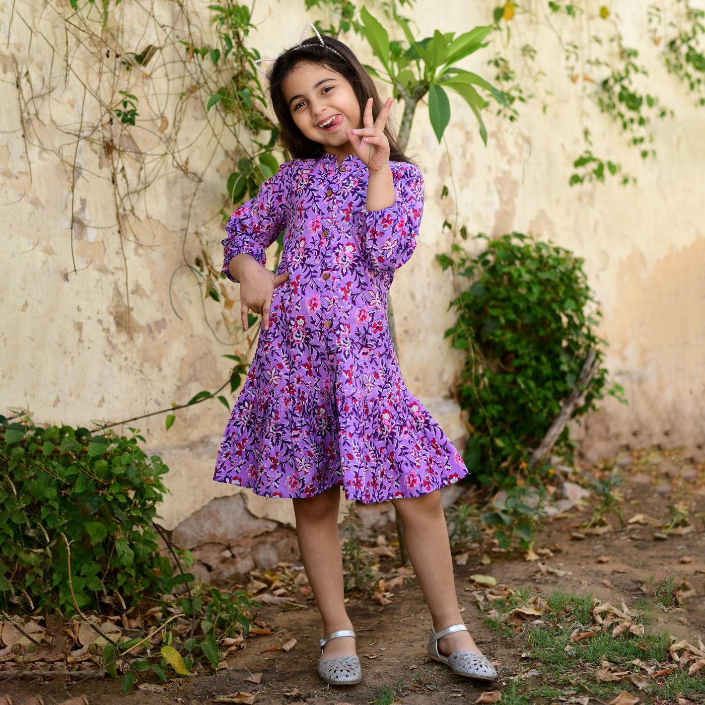Purple Floral Print Button Down Mom and Daughter Dress